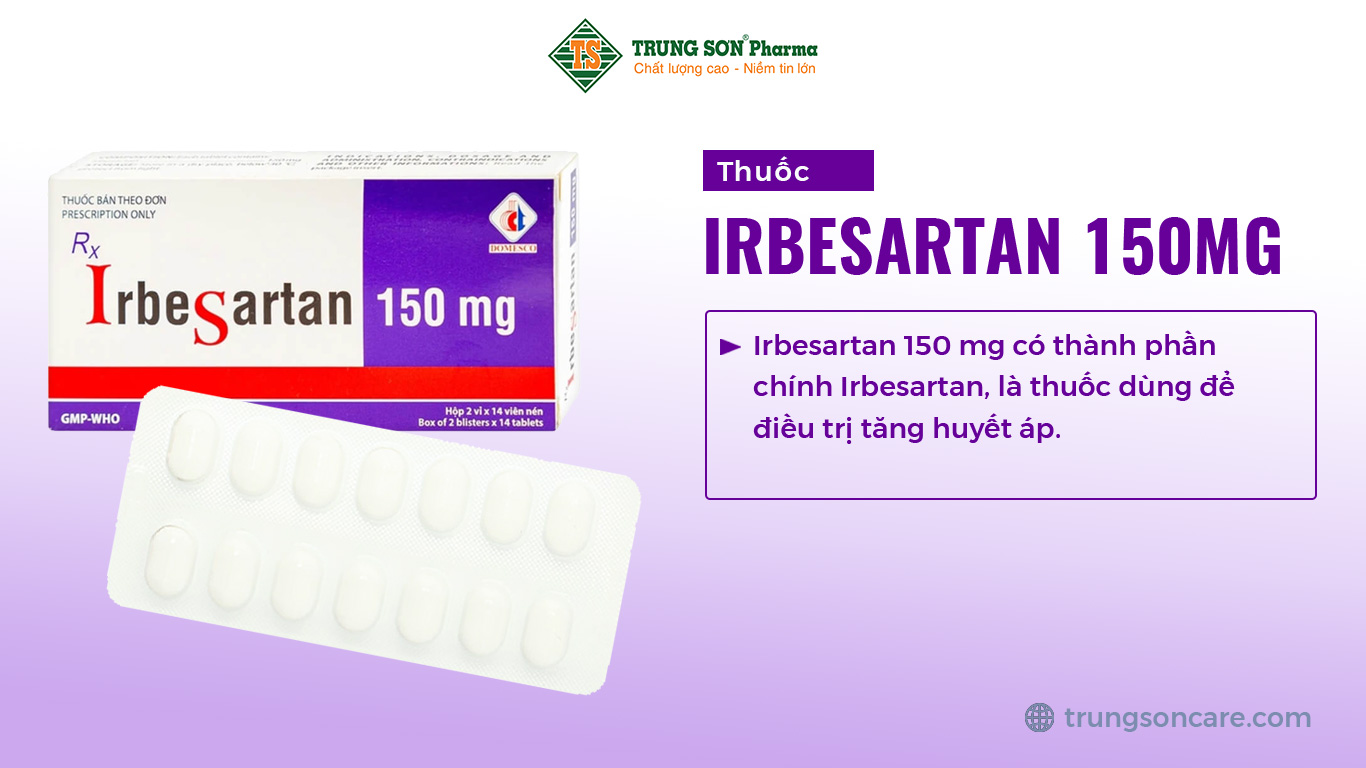 Irbesartan 150 mg của Công ty Cổ phần Xuất Nhập Khẩu Y Tế Domesco, thành phần chính Irbesartan, là thuốc dùng để điều trị tăng huyết áp. Thuốc được bào chế dưới dạng viên nén Irbesartan 150 mg.