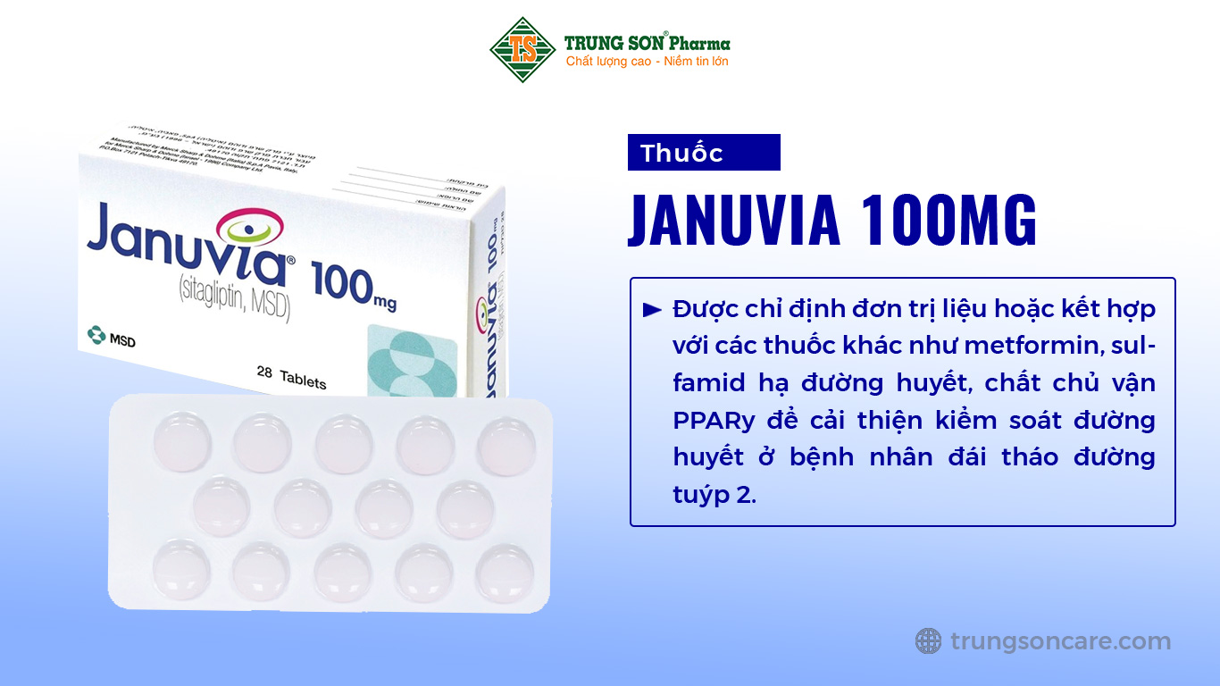 Januvia 100mg là sản phẩm của Merck Sharp Dohme Limited có thành phần chính là Sitagliptin monohydrate phosphate được chỉ định đơn trị liệu hoặc kết hợp với các thuốc khác như metformin, sulfamid hạ đường huyết, chất chủ vận PPARy để cải thiện kiểm soát đường huyết ở bệnh nhân đái tháo đường tuýp 2.