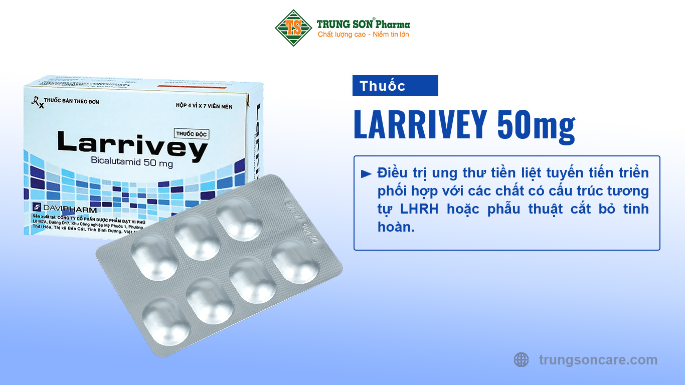 Thuốc Larrivey 50mg thành phần chính là Bicalutamid. Larrivey 50mg có tác dụng là một loại thuốc kháng sinh thông dụng trong liệu trình điều trị ung thư tiền liệt tuyến hiệu quả.