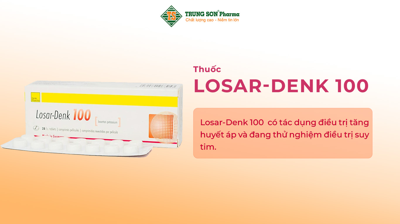 Losar - Denk 100 của công ty Denk Pharma GmbH Co. KG, thành phần chính là losartan potassium. Losar - Denk 100 có tác dụng điều trị tăng huyết áp và đang thử nghiệm điều trị suy tim.