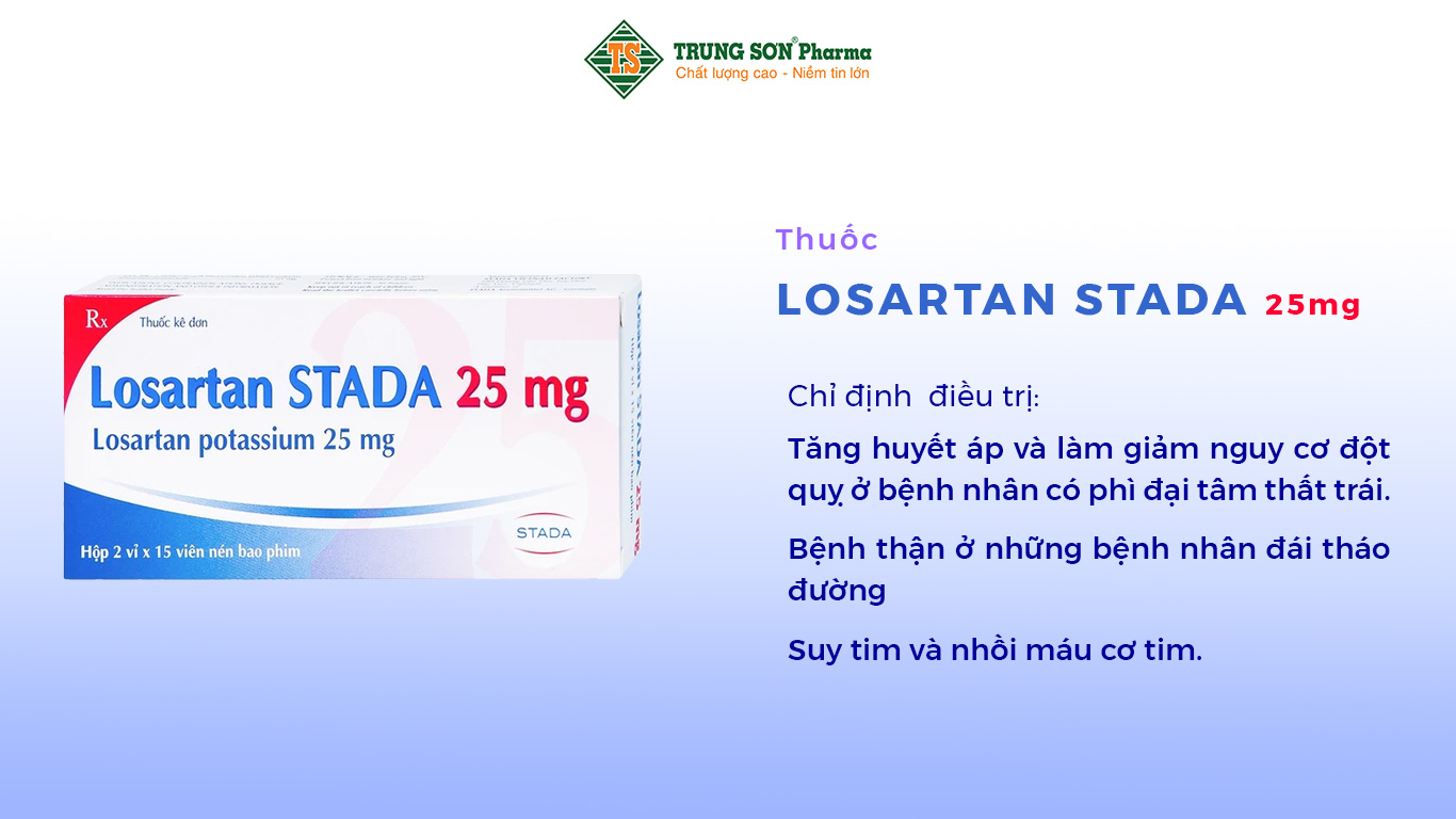 Losartan 25mg Stada có thành phần chính là losartan 25mg. Thuốc được chỉ định trong trường hợp tăng huyết áp, làm giảm nguy cơ đột quỵ ở bệnh nhân phì đại tâm thất trái; bệnh thận ở bệnh nhân đái tháo đường; suy tim và nhồi máu cơ tim.