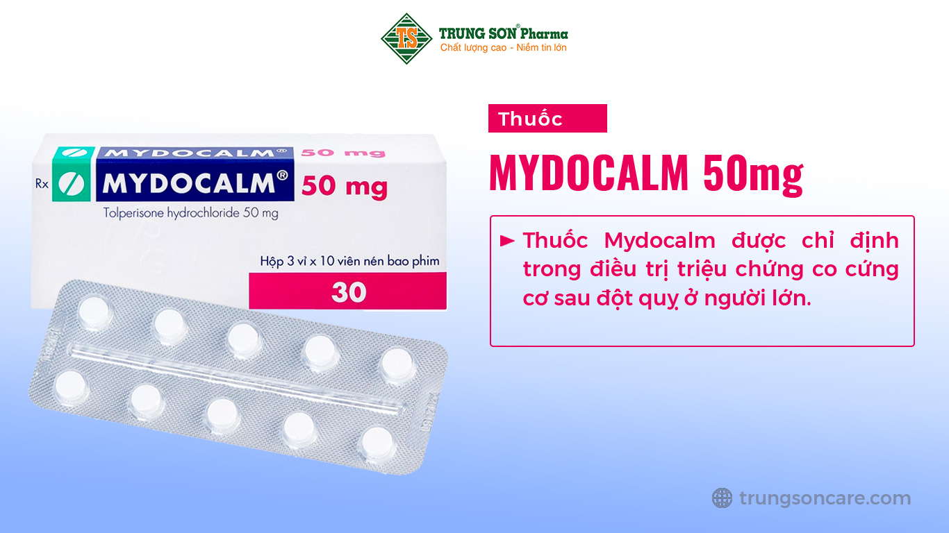 Thuốc Mydocalm 50 mg được sản xuất bởi Công ty Gedeon Richter Plc., Hungary, thuốc có thành phần chính là tolperison hydrochloric. Thuốc Mydocalm được chỉ định trong điều trị triệu chứng co cứng cơ sau đột quỵ ở người lớn.