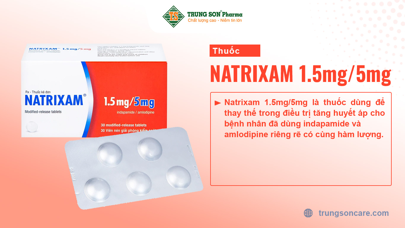 Natrixam được sản xuất bởi Les Laboratoires Servier Industrie, với thành phần chính indapamide và amlodipine. Đây là thuốc dùng để thay thế trong điều trị tăng huyết áp cho bệnh nhân đã dùng indapamide và amlodipine riêng rẽ có cùng hàm lượng