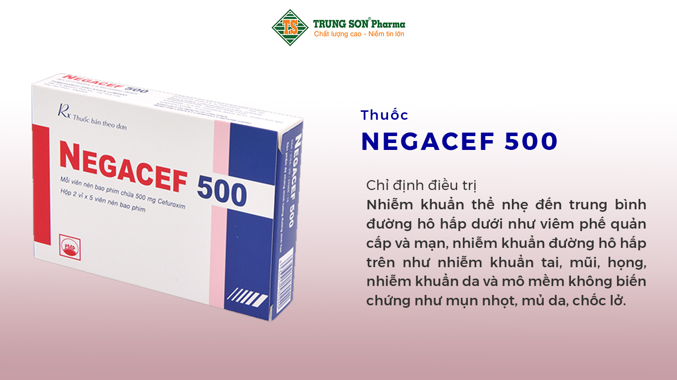 Thuốc Negacef 500 dùng để điều trị nhiễm khuẩn thể nhẹ đến trung bình đường hô hấp dưới như viêm phế quản cấp và mạn, nhiễm khuẩn đường hô hấp trên như nhiễm khuẩn tai, mũi, họng, nhiễm khuẩn da và mô mềm không biến chứng như mụn nhọt, mủ da, chốc lở.