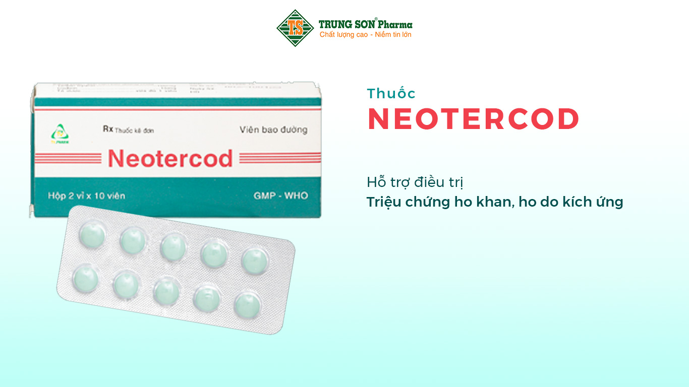 Thuốc Neotercod  là thuốc được bào chế dạng viên, có tác dụng điều trị triệu chứng ho khan hoặc ho do kích ứng hiệu quả. Thuốc hô hấp Neotercod được chỉ định dùng cho bệnh nhân trên 12 tuổi. Thuốc được bào chế dựa trên thành phần chính là Terpin hydrat và Codein.