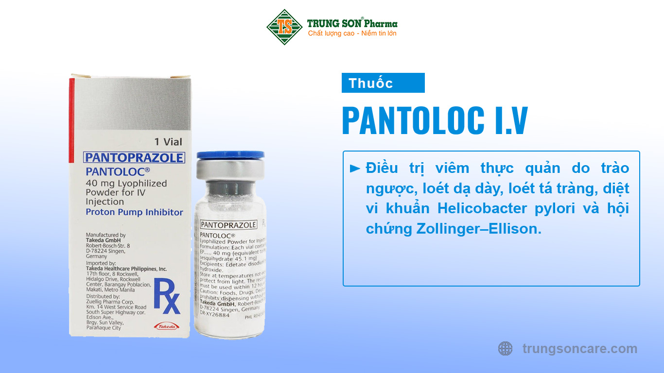 Thuốc Pantoloc I.V 40mg sản xuất bởi Công ty Takeda GmbH, có hoạt chất chính là Pantoprazole, dùng để điều trị viêm thực quản do trào ngược, loét dạ dày, loét tá tràng, diệt vi khuẩn Helicobacter pylori và hội chứng Zollinger–Ellison.