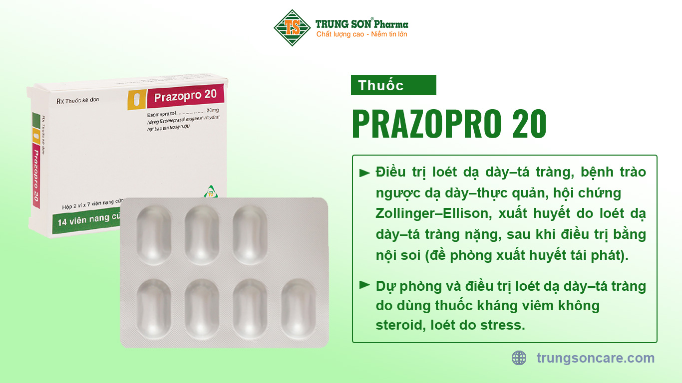 Thuốc Prazopro 20 với thành phần chính Esomeprazole, là thuốc dùng để điều trị loét dạ dày–tá tràng, bệnh trào ngược dạ dày–thực quản, hội chứng Zollinger–Ellison, xuất huyết do loét dạ dày–tá tràng nặng, sau khi điều trị bằng nội soi. Thuốc còn dùng để phòng và điều trị trong trường hợp loét dạ dày–tá tràng do dùng thuốc kháng viêm không steroid và loét do stress.