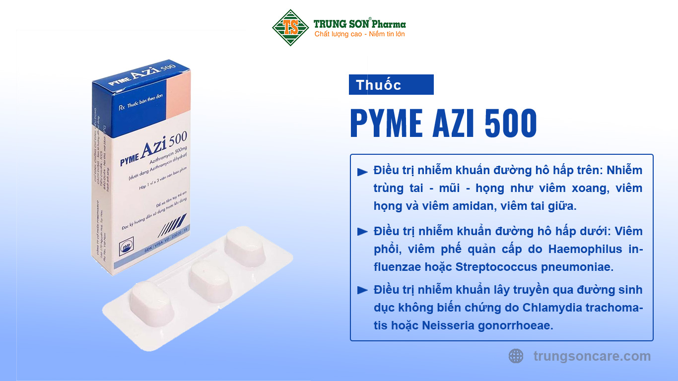 Pymeazi 500 là thuốc được chỉ định để điều trị các bệnh nhiễm trùng mức độ nhẹ đến trung bình do các vi khuẩn nhạy cảm: Nhiễm khuẩn đường hô hấp trên, nhiễm khuẩn đường hô hấp dưới, nhiễm khuẩn da và mô mềm, nhiễm khuẩn lây truyền qua đường sinh dục không biến chứng…