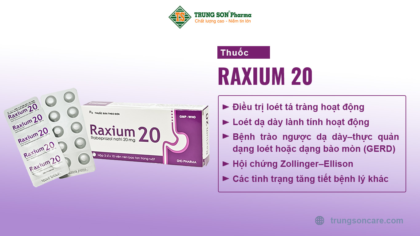 Thuốc Raxium 20 dùng để điều trị loét tá tràng hoạt động, loét dạ dày lành tính hoạt động, bệnh trào ngược dạ dày–thực quản dạng loét hoặc dạng bào mòn (GERD), hội chứng Zollinger–Ellison và các tình trạng tăng tiết bệnh lý khác