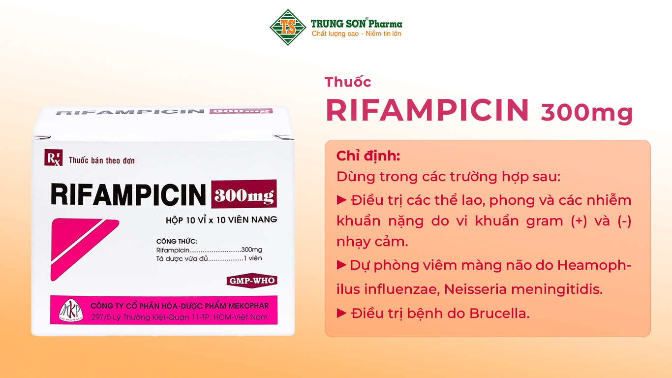 Thuốc Rifampicin 300 mg được sản xuất bởi Công ty Cổ phần Hóa – Dược phẩm Mekophar, với thành phần chính Rifampicin, được dùng để điều trị lao, phong, dự phòng viêm não do Heamophilus influenzae, Neisseria meningitidis và điều trị bệnh do Brucella.