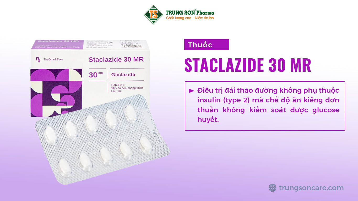 Thuốc Staclazide 30 MR với thành phần chính là Gliclazide được dùng để điều trị đái tháo đường không phụ thuộc insulin (type 2) mà chế độ ăn kiêng đơn thuần không kiểm soát được glucose huyết.