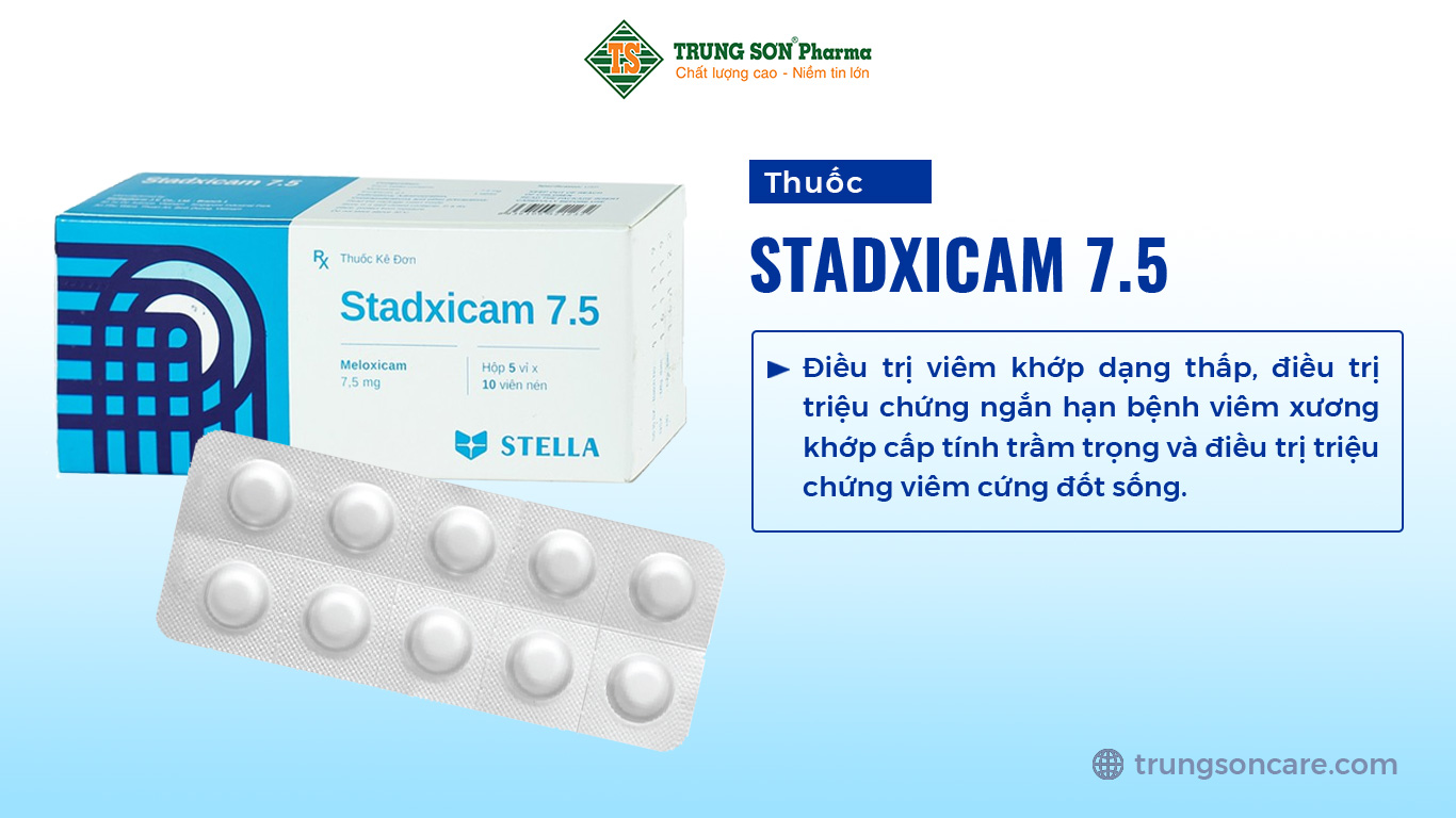 Thuốc Stadxicam 7.5 stella điều trị viêm khớp dạng thấp, điều trị triệu chứng ngắn hạn bệnh viêm xương khớp cấp tính trầm trọng và điều trị triệu chứng viêm cứng đốt sống. Thuốc cũng có thể được sử dụng trong chứng viêm khớp tự phát ở trẻ vị thành niên.