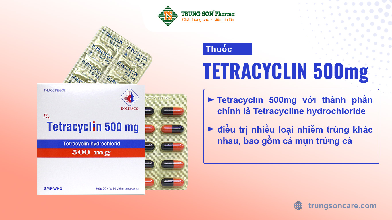 Tetracyclin 500mg với thành phần chính là Tetracycline hydrochloride được dùng để điều trị nhiều loại nhiễm trùng khác nhau, bao gồm cả mụn trứng cá. Tetracycline cũng có thể được sử dụng chung với các loại thuốc trị viêm loét để điều trị một số chứng bệnh viêm loét dạ dày.