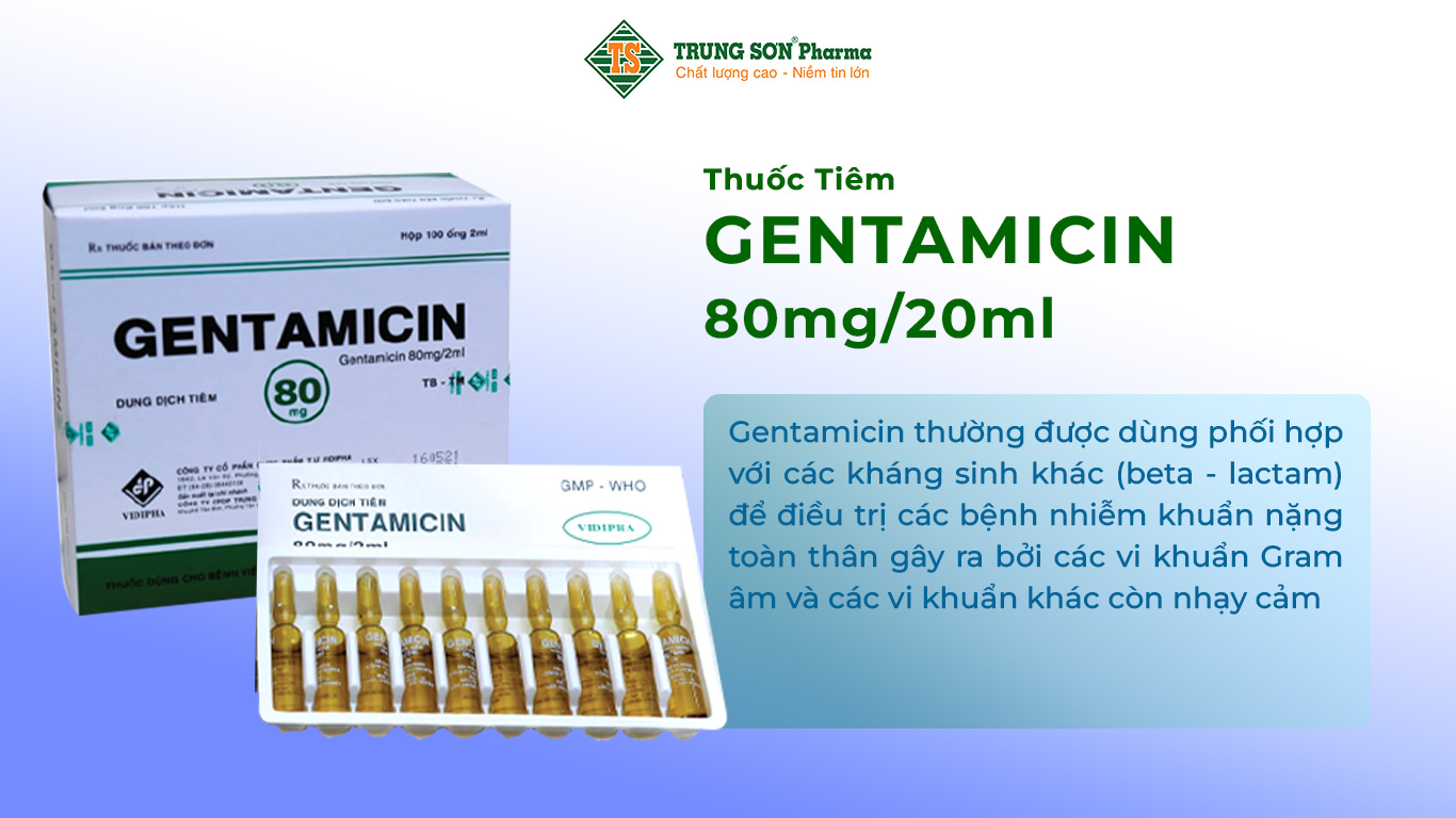 Thuốc Gentamicin 80mg/2ml Vidipha là sản phẩm được sản xuất bởi Công ty Cổ phần Dược phẩm Trung Ương Vidipha. Thuốc có dược chất chính là Gentamicin, là thuốc kháng sinh nhóm aminoglucosid, thuốc được dùng để điều trị các bệnh nhiễm khuẩn nặng toàn thân gây ra bởi vi khuẩn gram âm và các vi khuẩn khác còn nhạy.