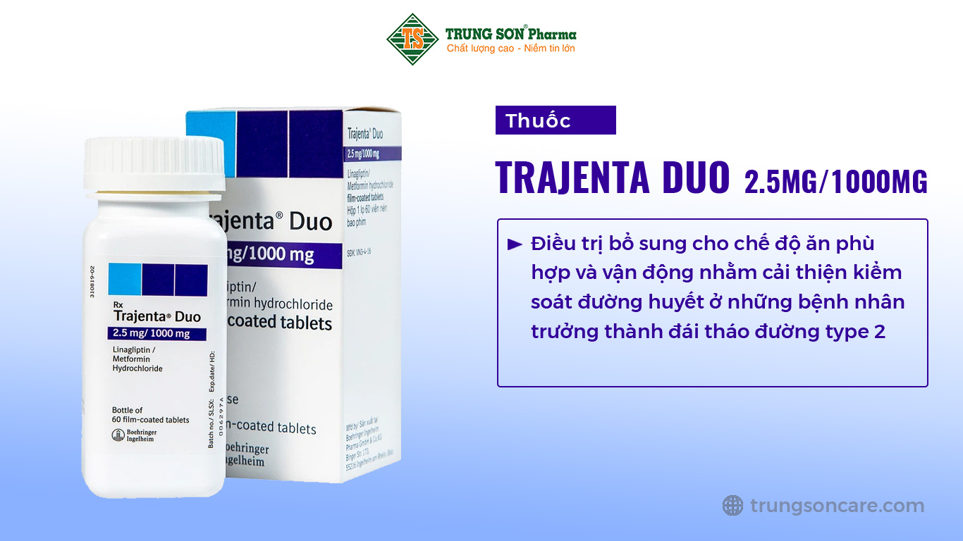 Thuốc Trajenta Duo 2.5mg/1000mg là sản phẩm của Boehringer Ingelheim chứa hoạt chất Linagliptin và metformin hydrochloride. Đây là thuốc dùng điều trị bổ sung cho chế độ ăn phù hợp và vận động nhằm cải thiện kiểm soát đường huyết ở những bệnh nhân trưởng thành đái tháo đường type 2