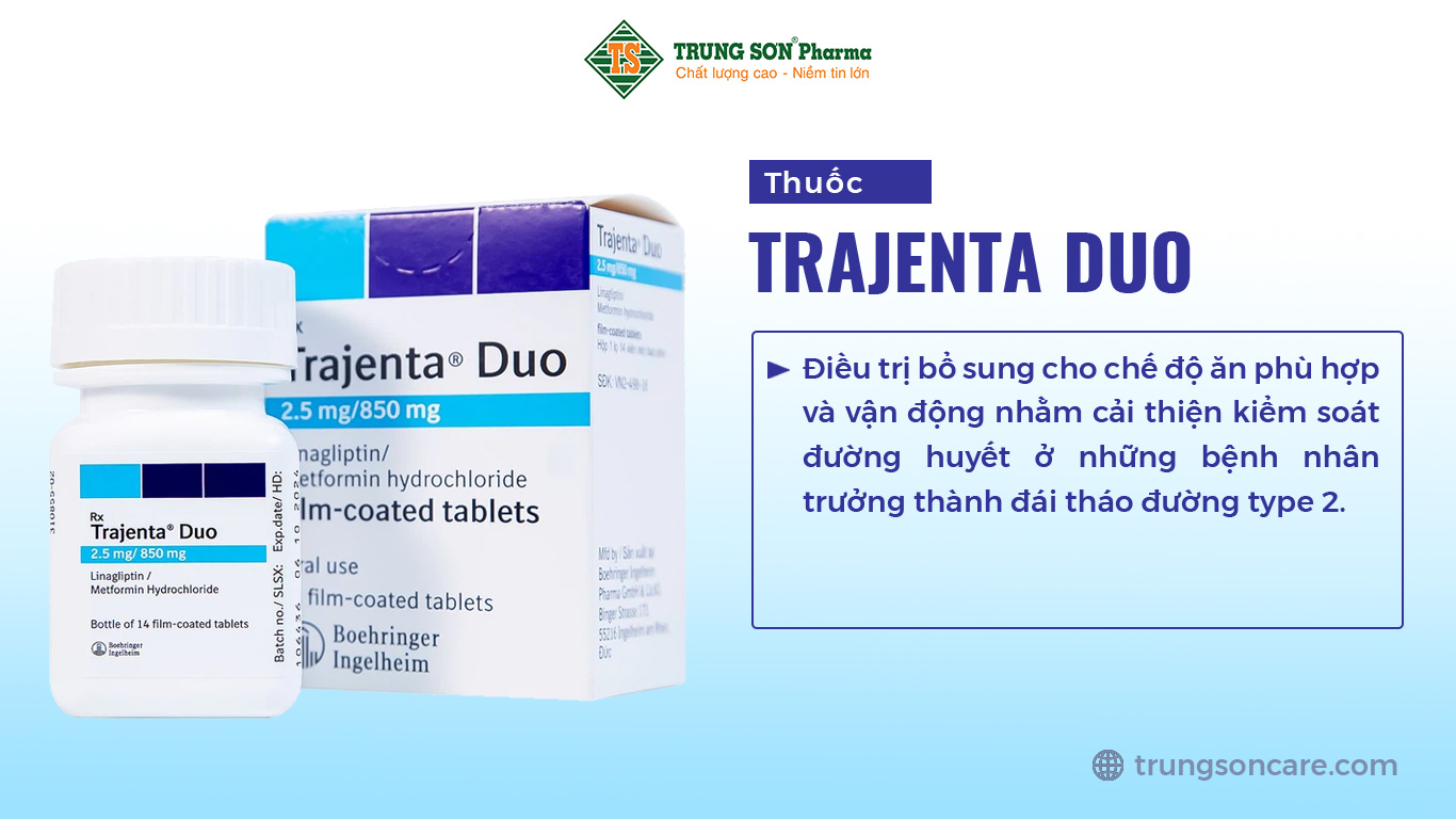 Thuốc Trajenta Duo 2.5mg/850mg là sản phẩm của Boehringer Ingelheim chứa hoạt chất Linagliptin và metformin hydrochloride. Đây là thuốc dùng điều trị bổ sung cho chế độ ăn phù hợp và vận động nhằm cải thiện kiểm soát đường huyết ở những bệnh nhân trưởng thành đái tháo đường type 2.