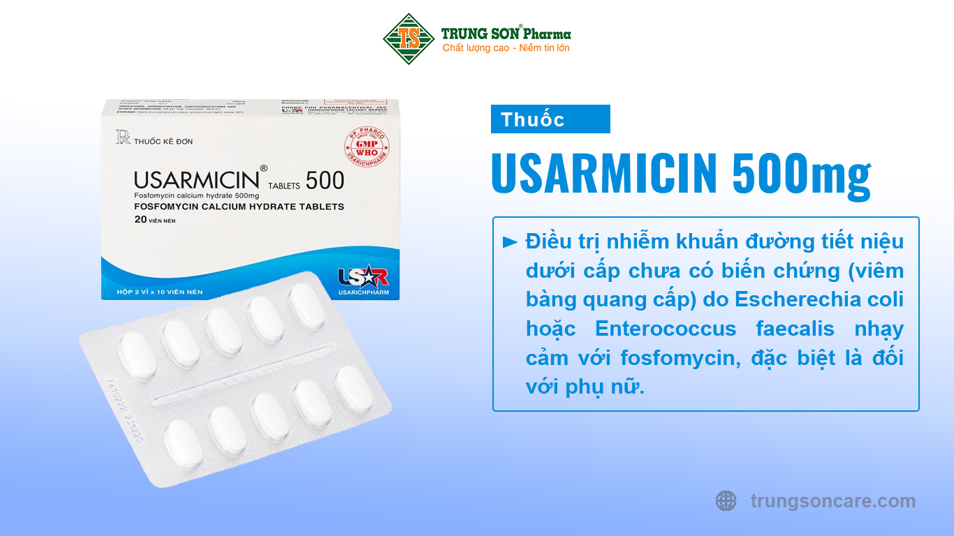 Thuốc Usarmicin 500mg là sản phẩm của Usarichpharm chứa hoạt chất Fosfomycin calcium hydrate. Đây là thuốc điều trị nhiễm khuẩn đường tiết niệu dưới cấp chưa có biến chứng (viêm bàng quang cấp) do Escherechia coli hoặc Enterococcus faecalis nhạy cảm với fosfomycin, đặc biệt là đối với phụ nữ.