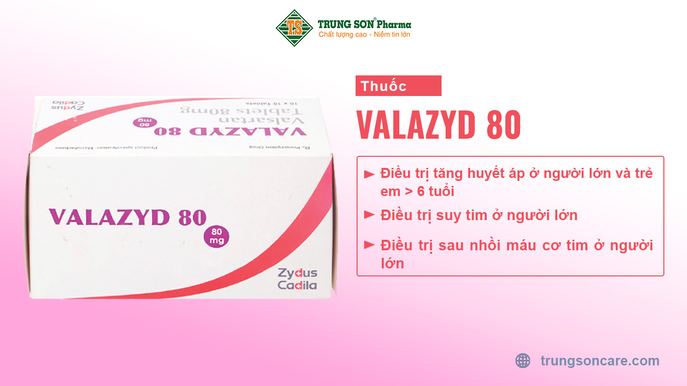 Thuốc Valazyd 80 thành phần chính là valsartan. Thuốc có tác dụng điều trị tăng huyết áp, suy tim