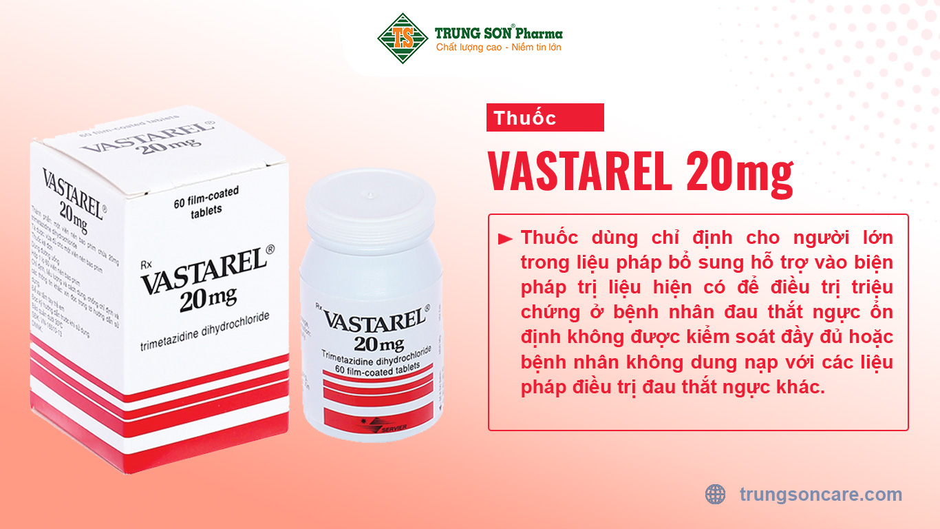 Thuốc Vastarel 20mg thành phần chính là trimetazidine dihydrochloride. Thuốc dùng chỉ định cho người lớn trong liệu pháp bổ sung hỗ trợ vào biện pháp trị liệu hiện có để điều trị triệu chứng ở bệnh nhân đau thắt ngực ổn định không được kiểm soát đầy đủ hoặc bệnh nhân không dung nạp với các liệu pháp điều trị đau thắt ngực khác