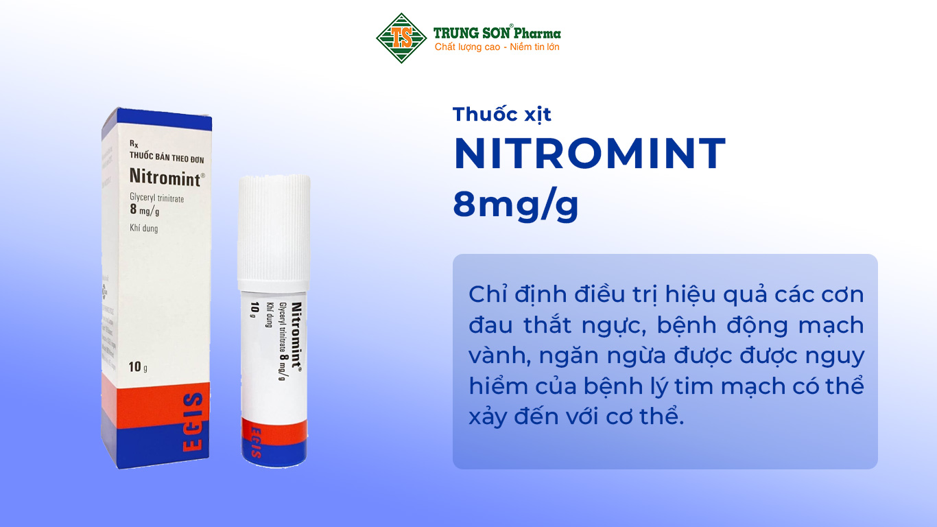 Nitromint Xịt là dòng sản phẩm xịt với hoạt chất nitroglycerin 1% được sản xuất và phân phối trên toàn quốc bởi Công ty Egis Pharmaceuticals Public Ltd., Co, sẽ là giải pháp ưu tiên chỉ định điều trị hiệu quả các cơn đau thắt ngực, bệnh động mạch vành, ngăn ngừa được được nguy hiểm của bệnh lý tim mạch có thể xảy đến với cơ thể.