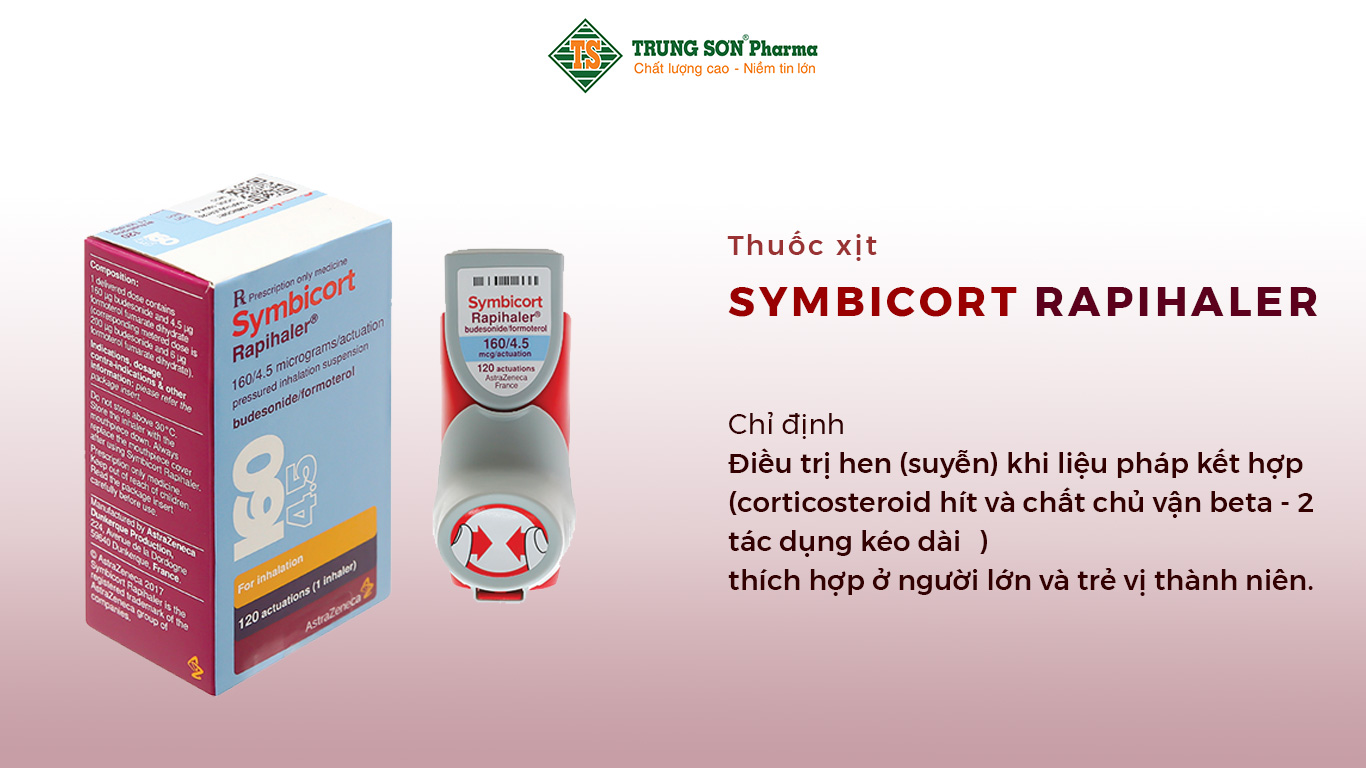 Symbicort Rapihaler của Công ty Astrazeneca, thành phần chính là budesonide, formoterol. Thuốc có tác dụng điều trị hen suyễn cho người lớn và trẻ vị thành niên.