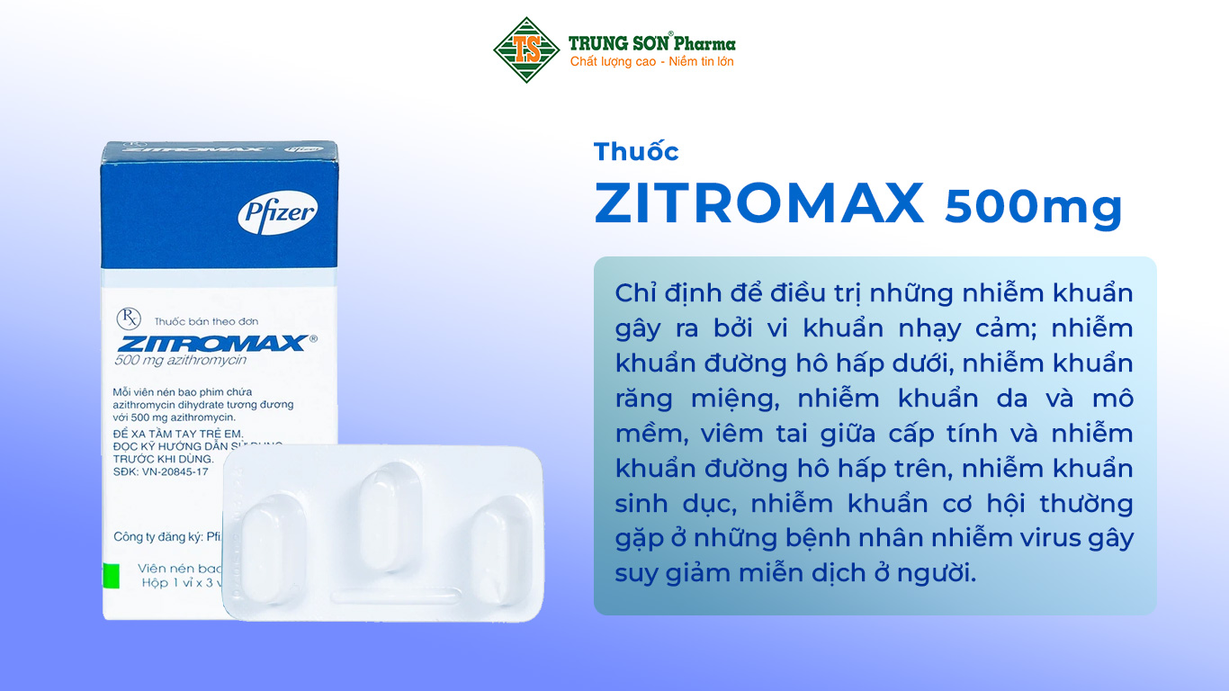 Zithromax 500mg của Pfizer Italia S.R.L, thành phần chính Azithromycin, được chỉ định để điều trị những nhiễm khuẩn gây ra bởi vi khuẩn nhạy cảm; trong nhiễm khuẩn đường hô hấp dưới, trong nhiễm khuẩn răng miệng, trong nhiễm khuẩn da và mô mềm, trong viêm tai giữa cấp tính và trong nhiễm khuẩn đường hô hấp trên, nhiễm khuẩn sinh dục, nhiễm khuẩn cơ hội thường gặp ở những bệnh nhân nhiễm virus gây suy giảm miễn dịch ở người.