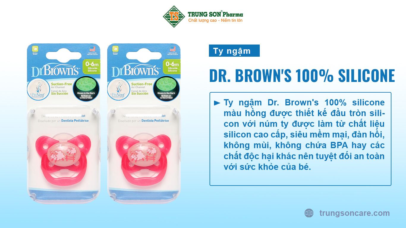 Ty ngậm Dr. Brown's 100% silicone màu hồng được thiết kế đầu tròn silicon với núm ty được làm từ chất liệu silicon cao cấp, siêu mềm mại, đàn hồi, không mùi, không chứa BPA hay các chất độc hại khác nên tuyệt đối an toàn với sức khỏe của bé.