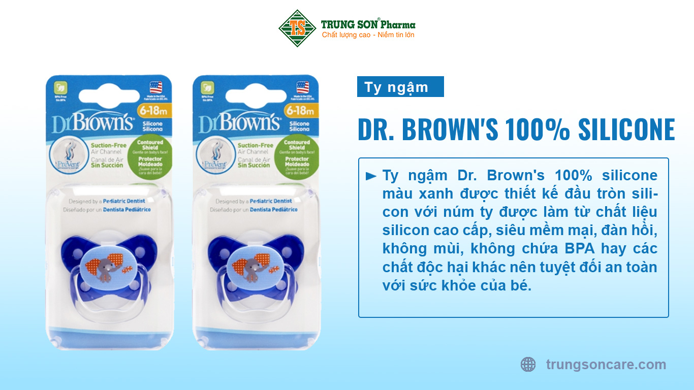 Ty ngậm Dr. Brown's 100% silicone màu xanh được thiết kế đầu tròn silicon với núm ty được làm từ chất liệu silicon cao cấp, siêu mềm mại, đàn hồi, không mùi, không chứa BPA hay các chất độc hại khác nên tuyệt đối an toàn với sức khỏe của bé