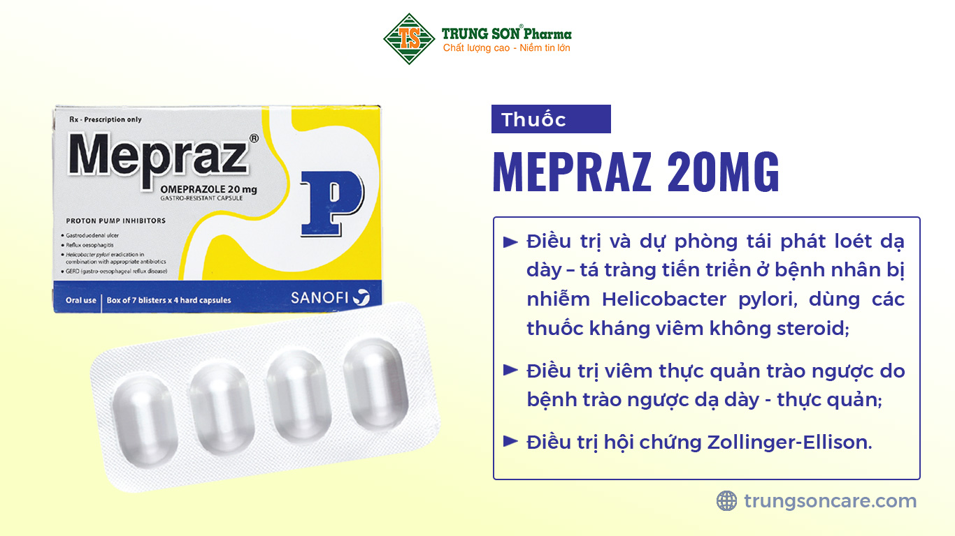 Mepraz 20 điều trị và dự phòng tái phát loét dạ dày – tá tràng tiến triển ở bệnh nhân bị nhiễm Helicobacter pylori, dùng các thuốc kháng viêm không steroid; điều trị viêm thực quản trào ngược do bệnh trào ngược dạ dày - thực quản; điều trị hội chứng Zollinger-Ellison.