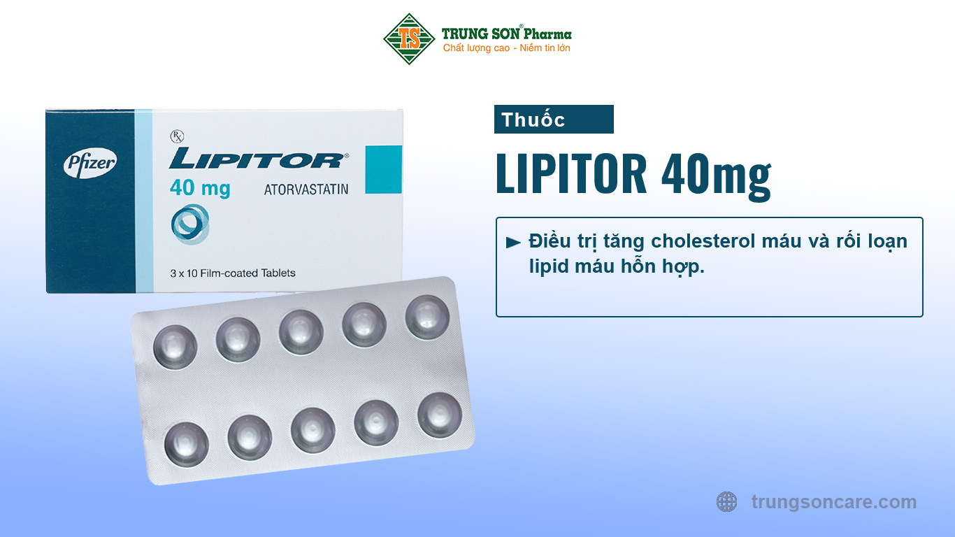 Lipitor 40mg của Pfizer, có thành phần chính atorvastatin. Đây là thuốc dùng để điều trị tăng cholesterol máu và rối loạn lipid máu hỗn hợp. Thuốc được bào chế dưới dạng viên nén bao phim 40mg.