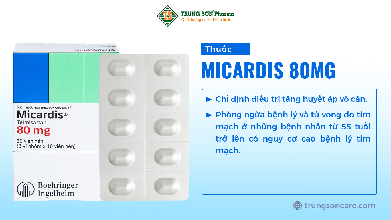 Micardis 80 do Boehringer Ingelheim sản xuất, chứa thành phần là telmisartan có tác dụng trong điều trị tăng huyết áp vô căn. Telmisartan không gây tác dụng phụ ho khan như một số thuốc tăng huyết áp khác, nên thuốc được lựa chọn thay thế cho trường hợp bệnh nhân bị tác dụng phụ ho khan khi dùng thuốc.