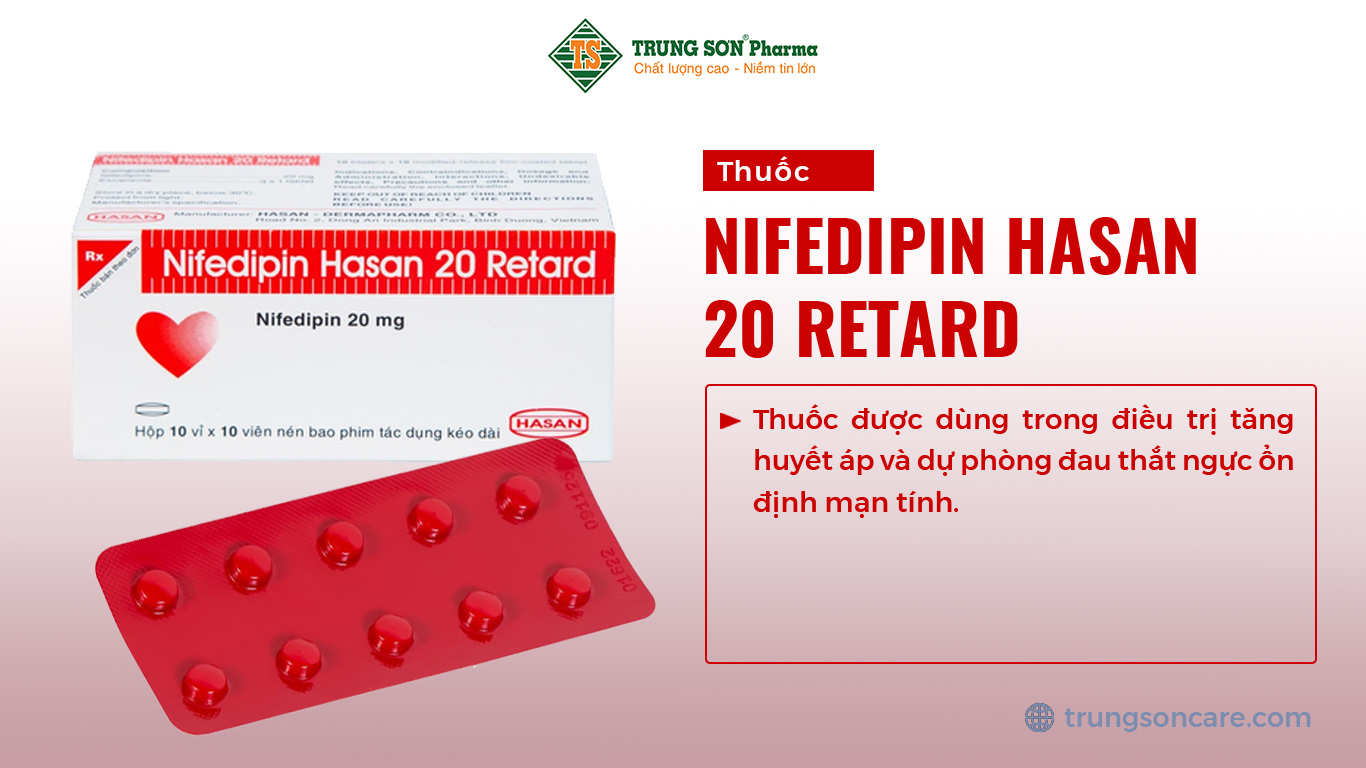 Thuốc Nifedipin Hasan 20mg Retard là một sản phẩm của Hasan – Dermapharm với thành phần chính là Nifedipin. Thuốc được dùng trong điều trị tăng huyết áp và dự phòng đau thắt ngực ổn định mạn tính.