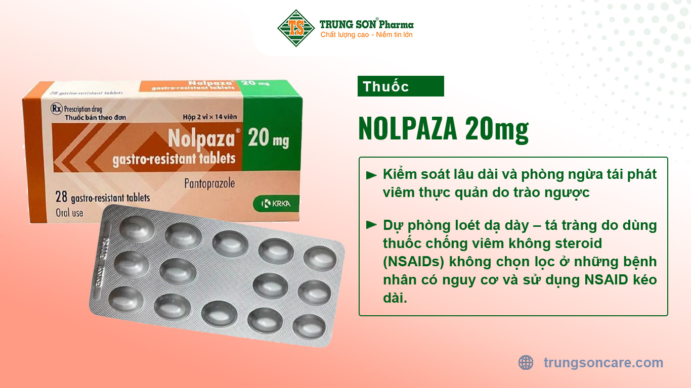 Viên nén Nolpaza dùng kiểm soát lâu dài và phòng ngừa tái phát viêm thực quản do trào ngược. Dự phòng loét dạ dày – tá tràng do dùng thuốc chống viêm không steroid (NSAIDs) không chọn lọc ở những bệnh nhân có nguy cơ và sử dụng NSAID kéo dài