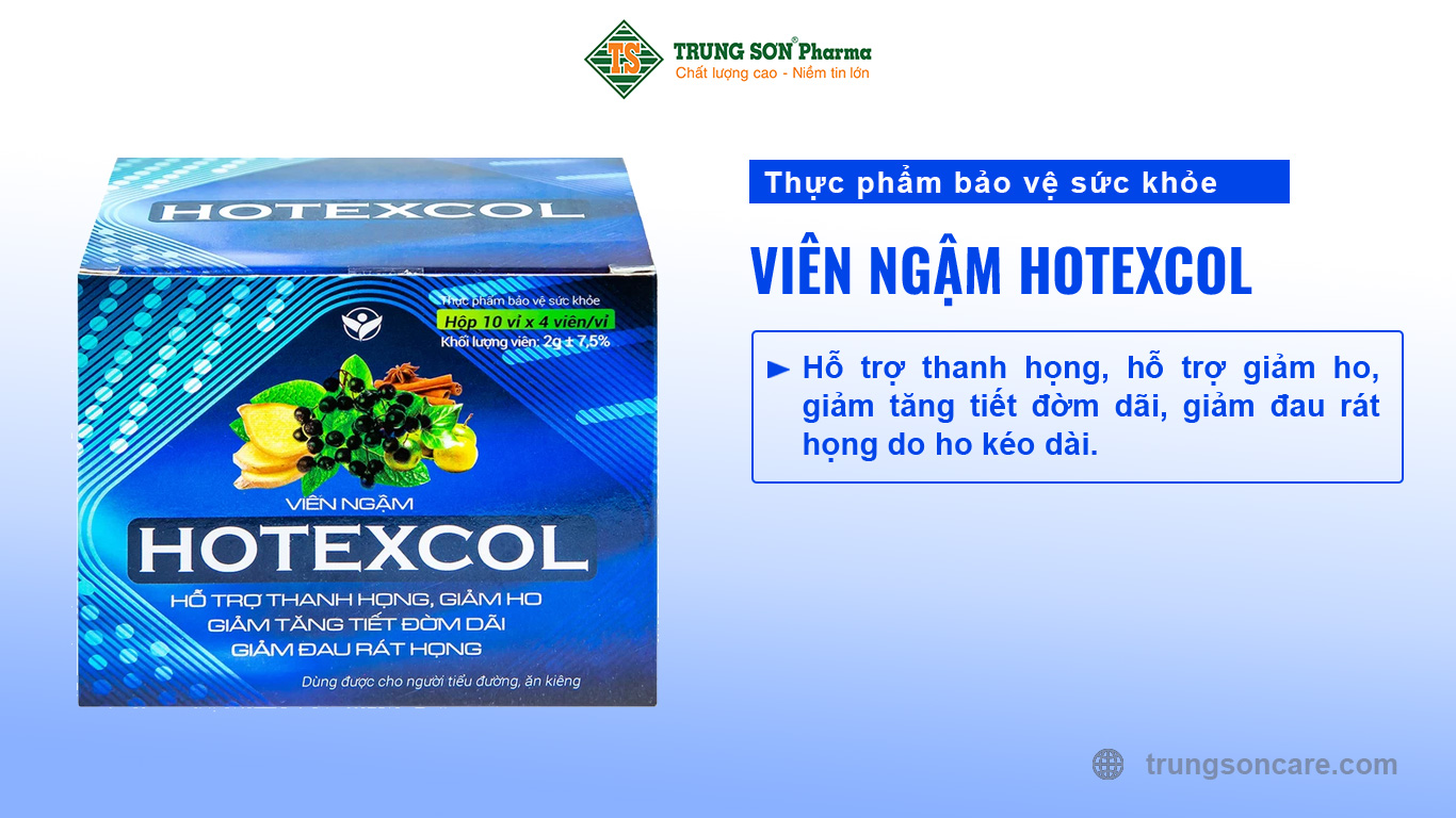 Thực phẩm bảo vệ sức khỏe VIÊN NGẬM HOTEXCOL Hỗ trợ thanh họng, hỗ trợ giảm ho, giảm tăng tiết đờm dãi, giảm đau rát họng do ho kéo dài.