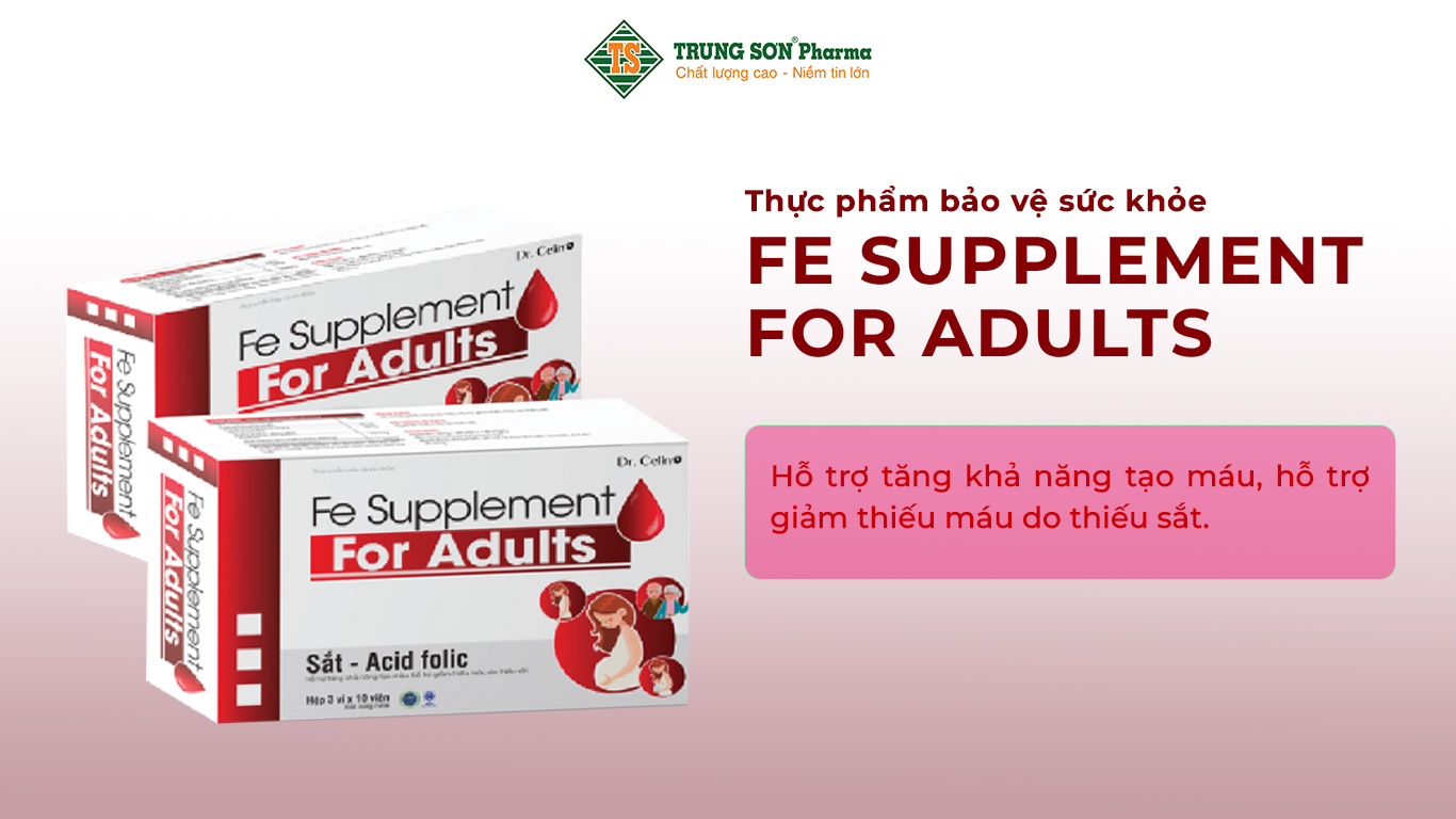 Thực phẩm bảo vệ sức khỏe Fe Supplement for Adults hỗ trợ tăng khả năng tạo máu, hỗ trợ giảm thiếu máu do thiếu sắt.