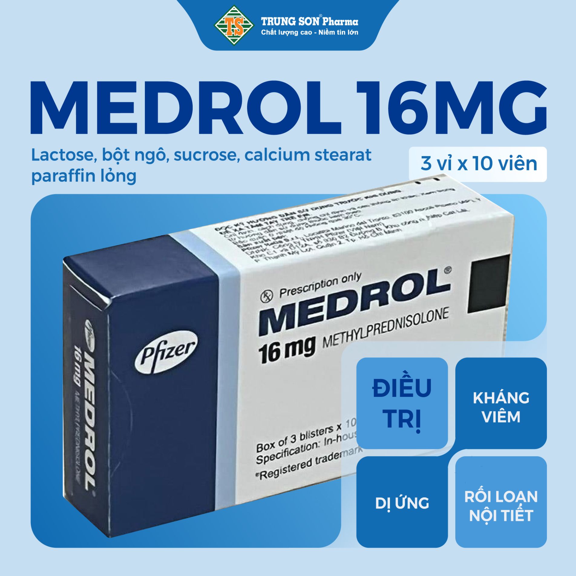 Thuốc Medrol 16mg là sản phẩm của Công ty Cổ phần Dược phẩm Pfizer Italia S.R.L, với thành phần chính methyl prednisolone - một steroid có tác dụng kháng viêm. Thuốc được chỉ định điều trị các rối loạn: Rối loạn nội tiết bao gồm thiểu năng vỏ thượng thận