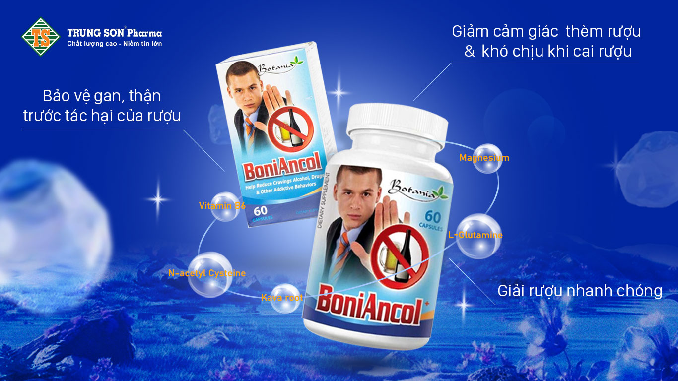 BoniAncol giúp bạn giảm cảm giác thèm rượu, nhanh chóng cắt cơn thèm rượu, triệt tiêu cảm giác nhớ rượu, giải rượu và bảo vệ gan thận trước tác dụng của rượu.