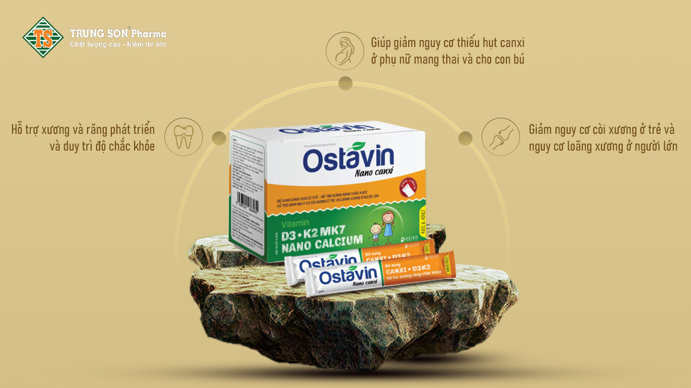 Ostavin Nano Canxi là thực phẩm chức năng có thành phần từ Nano-Precipitated Calcium Carbonate, Aquamin, FOS và các loại vitamin và khoáng chat khác giúp bổ sung canxi cho cơ thể, hỗ trợ xương và răng chắc khỏe; giúp giảm nguy cơ còi xương ở trẻ và loãng xương ở người lớn, bổ sung canxi ở phụ nữ mang thai và cho con bú.