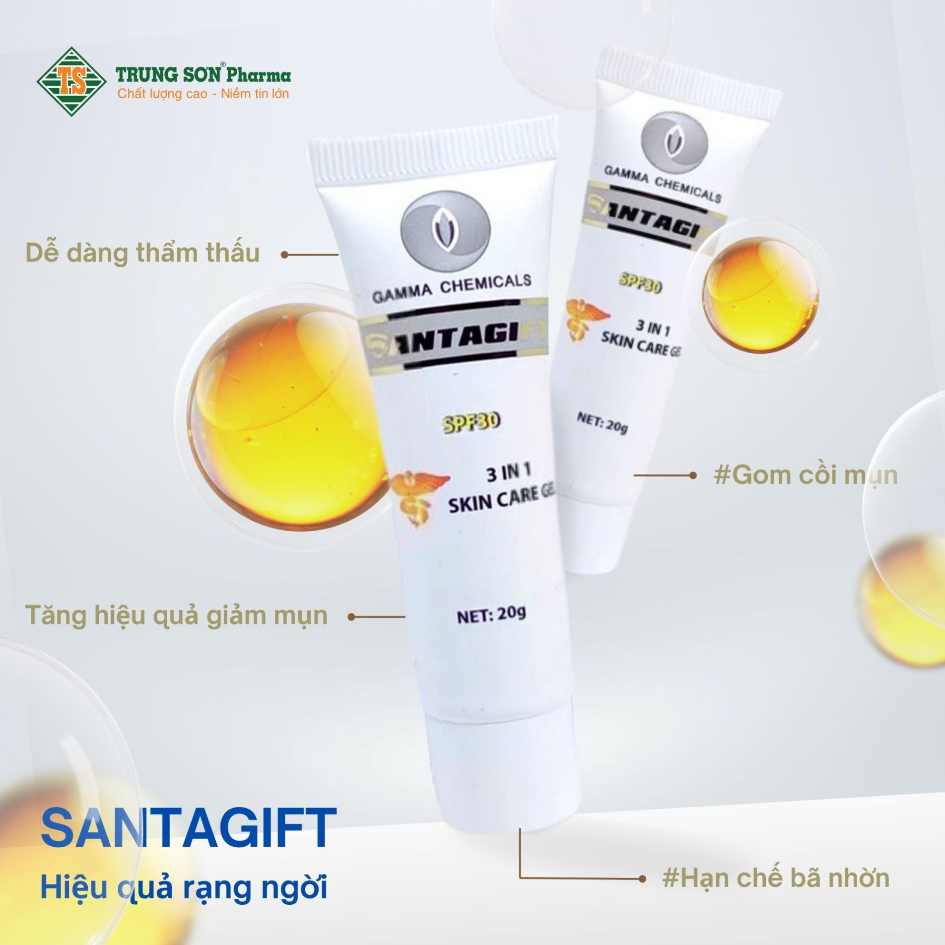 Gamma SANTAGIFT là sản phẩm gel bôi da chuyên biệt được thiết kế với các thành phần cải tiến liên tục phù hợp với da nhạy cảm, dễ bị thâm mụn, đang bị thâm. Với công thức độc quyền kết hợp các thành phần tự nhiên và công nghệ tiên tiến, sản phẩm này hỗ trợ giảm thâm, ngăn ngừa sẹo rỗ.