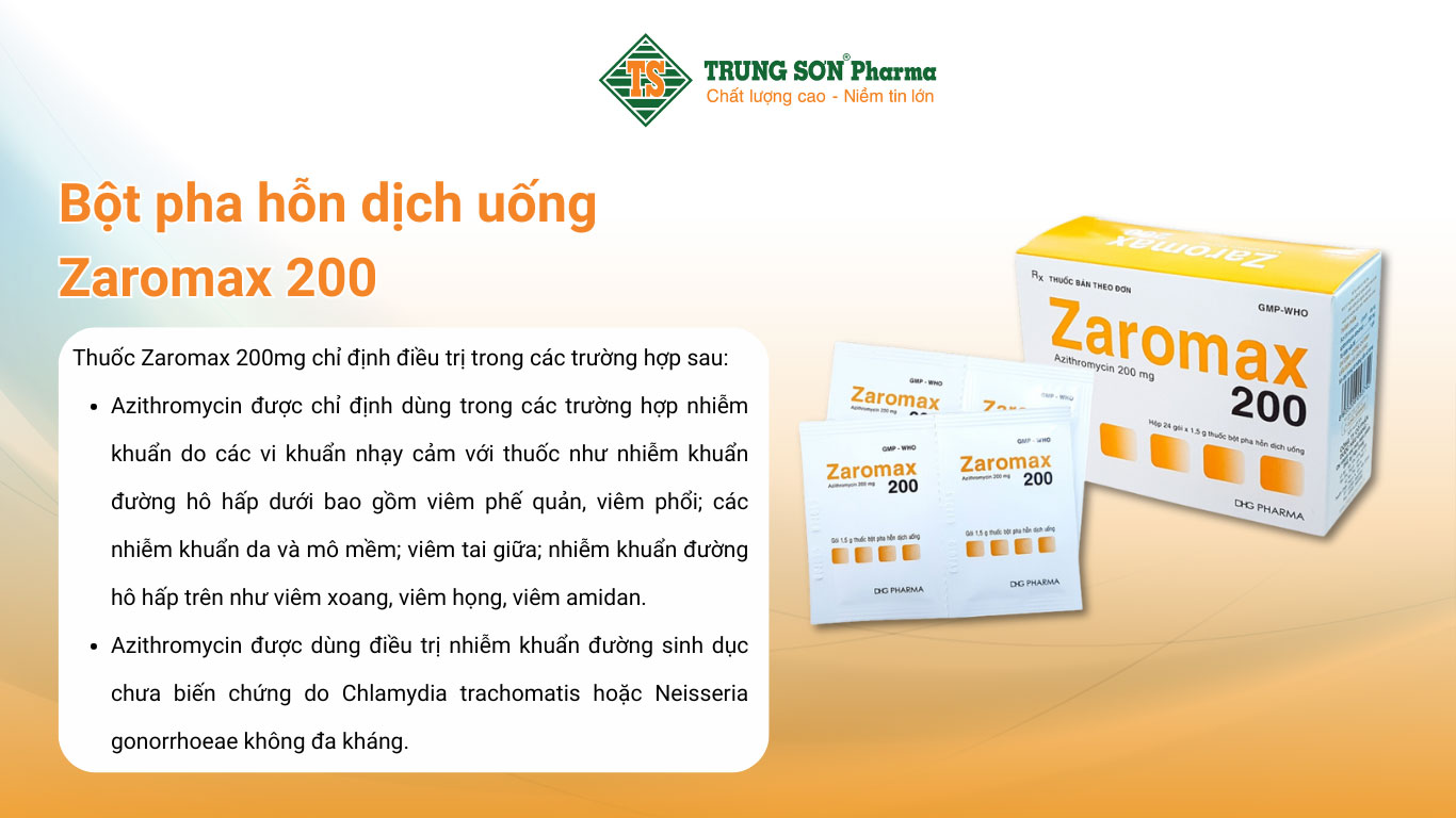 Bột pha hỗn dịch uống Zaromax 200 DHG Pharma điều trị viêm phế quản, viêm phổi 