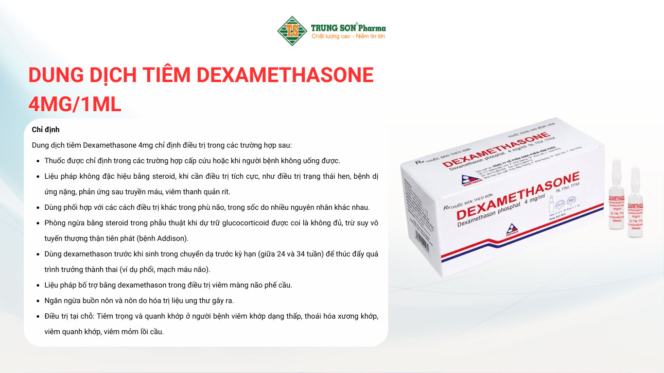  Dung dịch tiêm Dexamethasone 4mg/1ml Vinphaco điều trị trạng thái hen, bệnh dị ứng nặng (10 ống x 1ml)