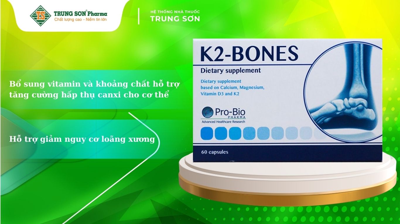 K2 Bones giúp bổ sung vitamin và khoáng chất cho cơ thể để tăng khả năng hấp thụ canxi từ đó duy trì một thể trạng khỏe mạnh, hệ xương chắc khỏe và một hệ miễn dịch tốt nhất.