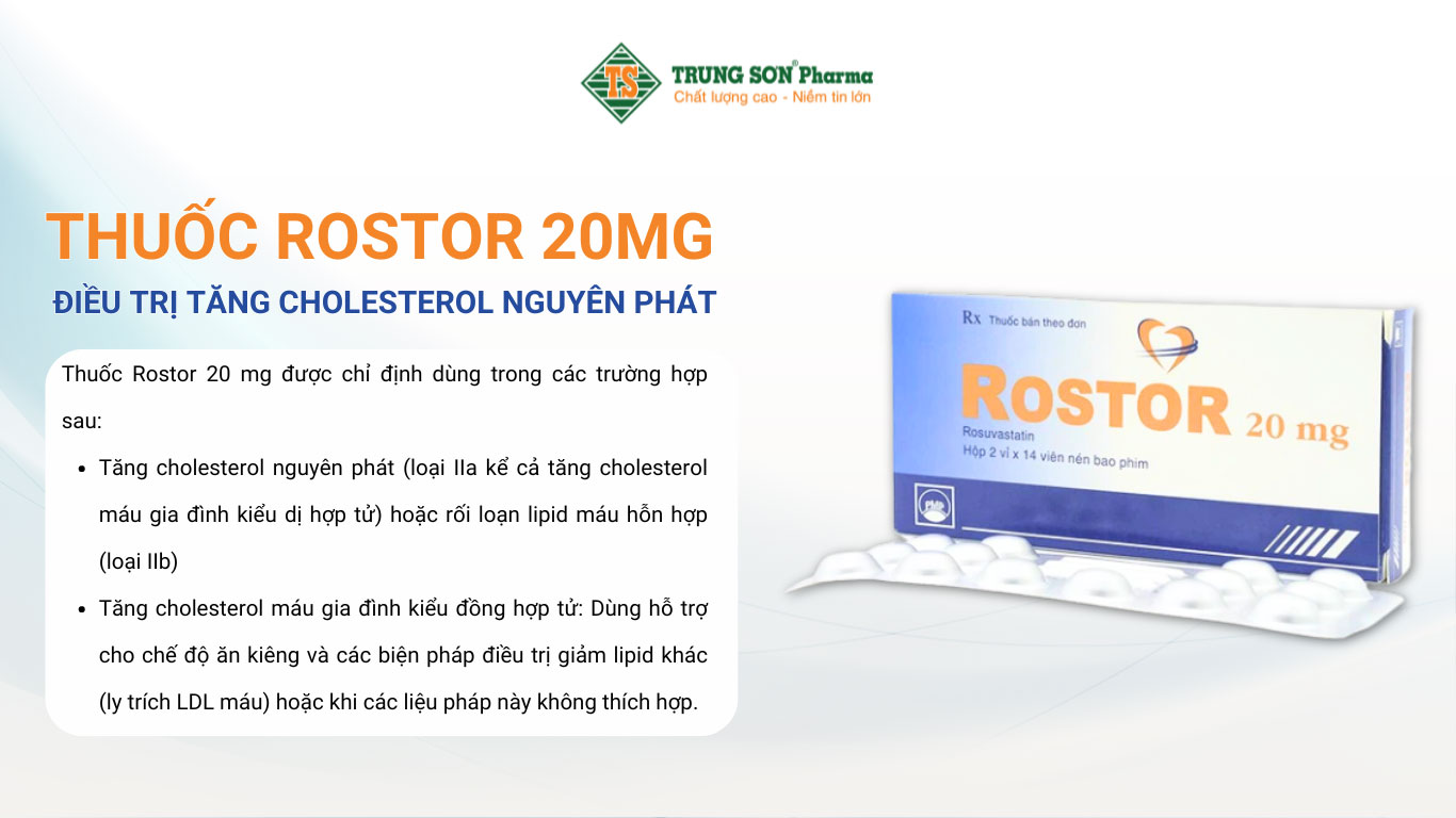 Thuốc Rostor 20mg Pymepharco điều trị tăng cholesterol nguyên phát