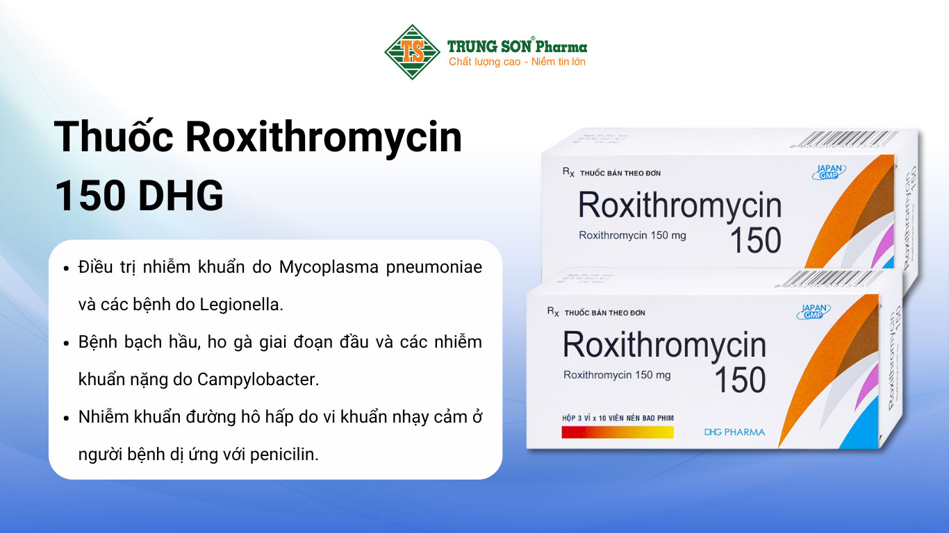 Thuốc Roxithromycin 150 DHG điều trị các loại nhiễm khuẩn, bệnh bạch hầu, ho gà 