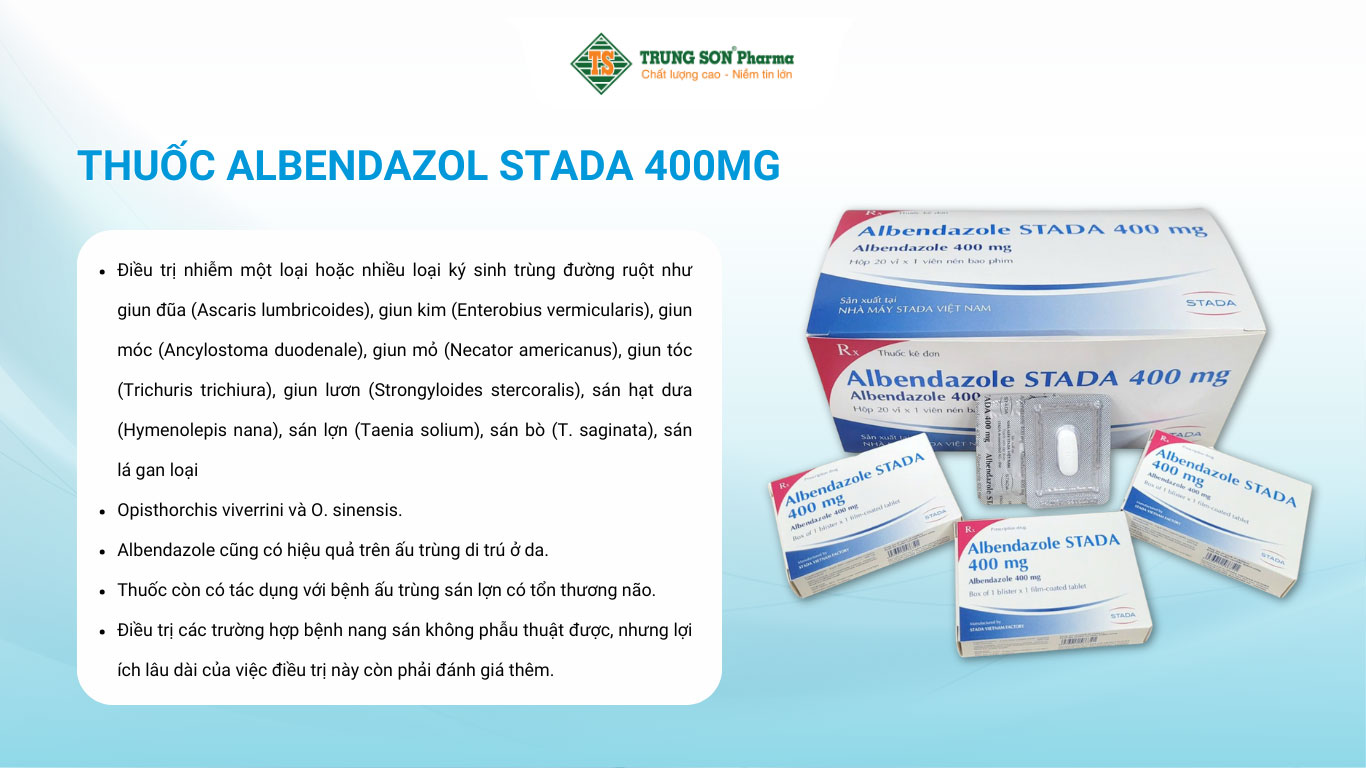 Thuốc Albendazol Stada 400mg điều trị nhiễm ký sinh trùng đường ruột