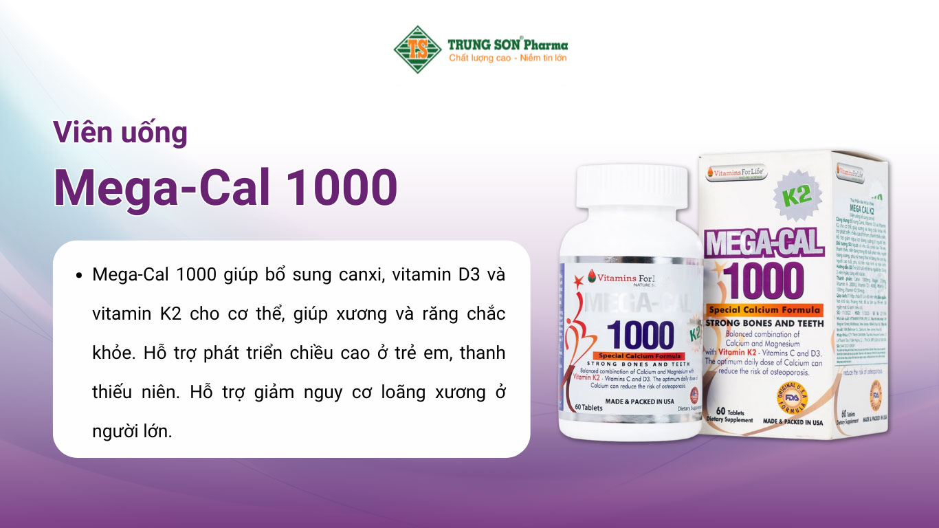 Viên uống Mega-Cal 1000 Vitamins For Life giúp bổ sung canxi, chống loãng xương