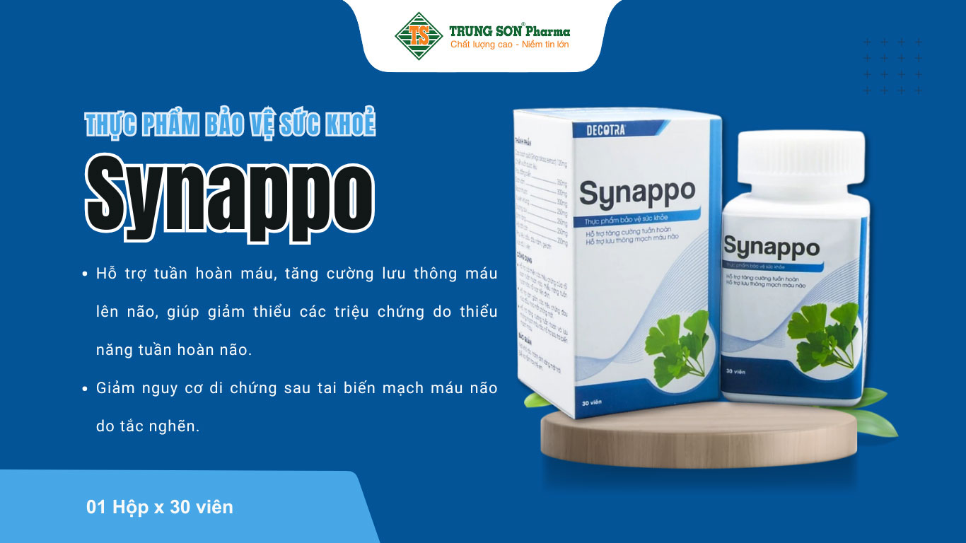 Synappo là thực phẩm bảo vệ sức khỏe có tác dụng hỗ trợ cải thiện tuần hoàn và lưu thông máu lên nã