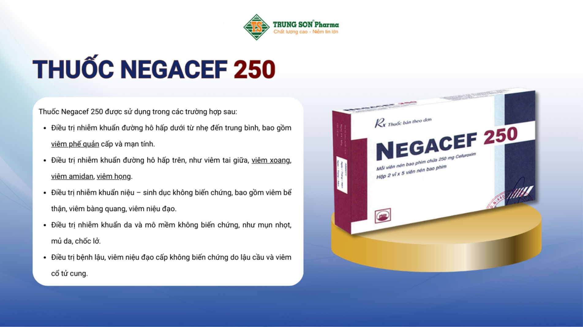 Thuốc Negacef 250 Pymepharco điều trị nhiễm khuẩn đường hô hấp, nhiễm khuẩn tai mũi họng 