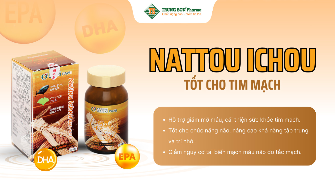 NATTOU ICHOU với thành phần chính dầu cá chứa DHA EPA, nổi bật với khả năng hỗ trợ sức khỏe tim mạch và não bộ. Với thành phần tự nhiên, sản phẩm này giúp cải thiện tình trạng mỡ máu, hỗ trợ giảm thiểu nguy cơ tai biến mạch máu não do tắc nghẽn. NATTOU ICHOU không chỉ mang lại lợi ích cho sức khỏe mà còn giúp người dùng duy trì một lối sống lành mạnh