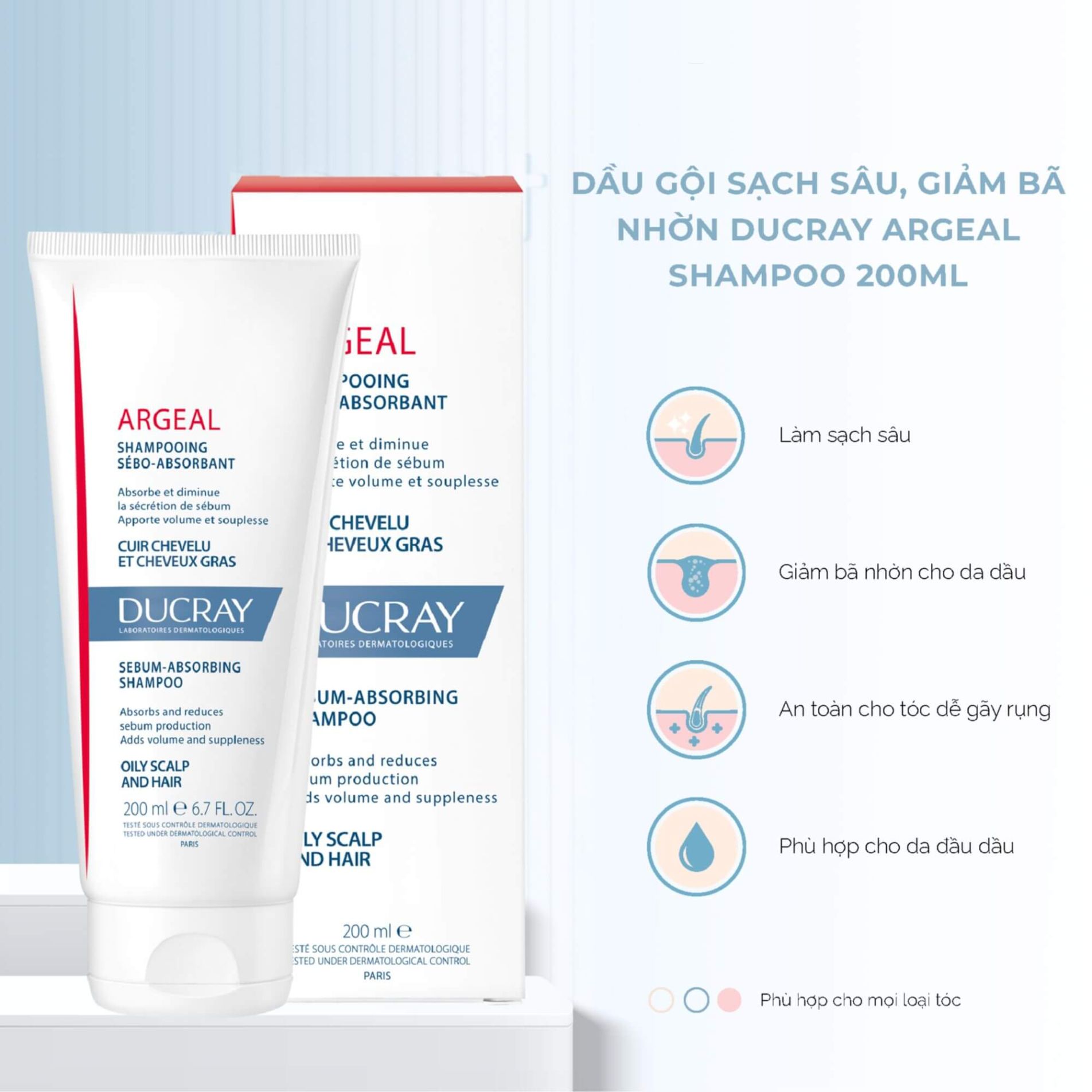 Dầu gội dành cho tóc và da đầu nhờn Ducray Argeal Sebum-Absorbing Shampoo